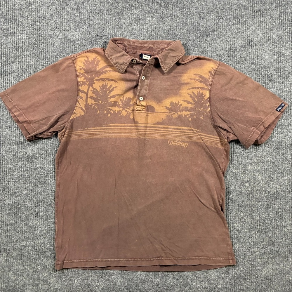 Billabong Mens Polo Shirt XL Brown Palm Graphic Surf Skate Y2K Cotton Casual